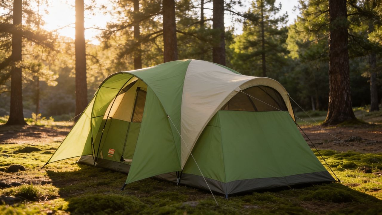 Tienda de campaña dome verde militar en bosque mexicano al atardecer — Coleman Montana 8