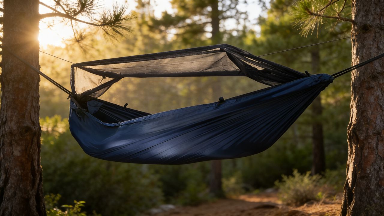 Hamaca azul ripstop suspendida entre dos pinos al atardecer — DD Hammocks Blue Setup