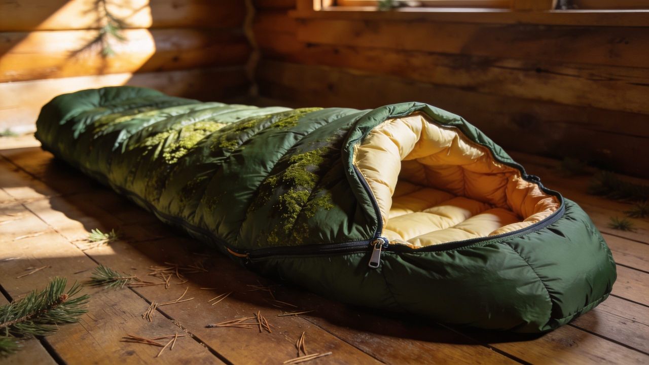 Saco de dormir mummy verde profundo con interior cream en cabaña — sleeping bag para monte mexicano