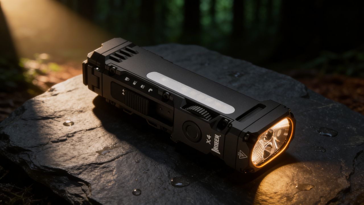Linterna EDC tactical compacta en aluminio negro sobre piedra oscura — Wuben