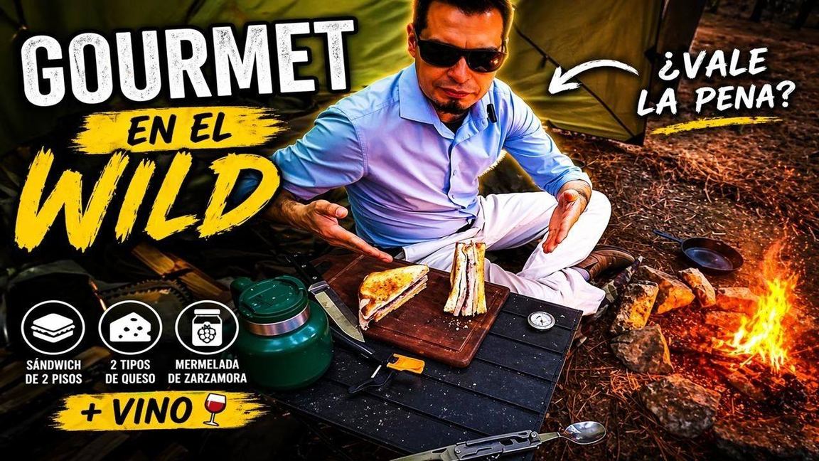 Diego preparando comida gourmet en campo abierto, cocina al aire libre en el monte